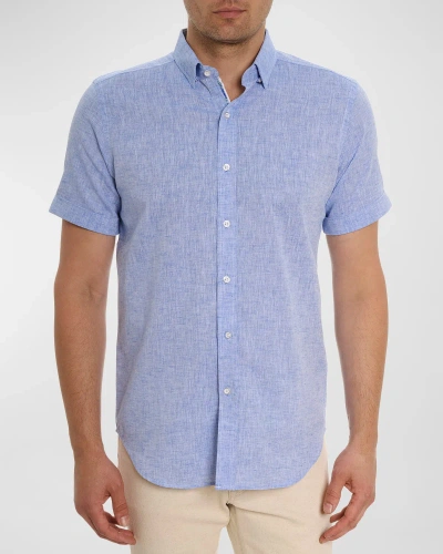 Robert Graham Palmer Tailored Fit Short Sleeve Linen Blend Button-up Shirt In Blue