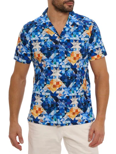 ROBERT GRAHAM MEN'S SASHIKO GRAPHIC STRETCH-COTTON SEERSUCKER CAMP SHIRT