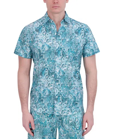 Robert Graham Men's Short Sleeve Button-front Tropical Print Shirt In Sage Damask