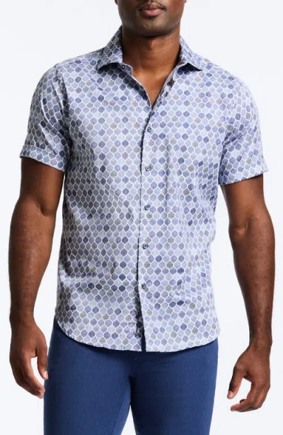 Robert Graham Rowan Tile Print Short Sleeve Stretch Cotton Button-up Shirt In Navy