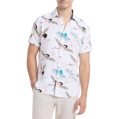 Robert Graham Tsuru Crane Print Short Sleeve Button-up Shirt In Gray