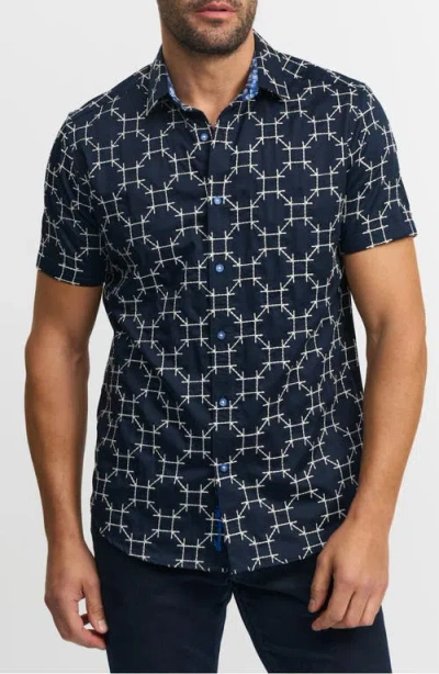 Robert Graham Weitzman Classic Fit Geo Embroidered Short Sleeve Cotton Button-up Shirt In Navy