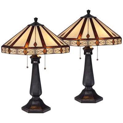 Robert Louis Tiffany Derrica 25" Bronze Art Glass Table Lamps Set Of 2