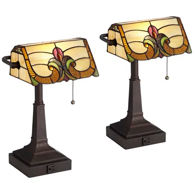 Robert Louis Tiffany Fleura 17" High Bronze Banker Desk Lamps Set Of 2