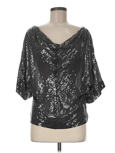 Pre-owned Robert Rodriguez 3/4 Sleeve Silk Top Silver Metallic Pattern Plunge Neckline Tops
