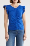 Robert Rodriguez Manon Shirred Ruffle Sleeve Top In Blue