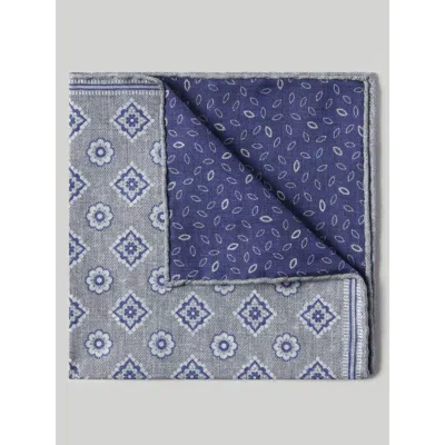 Robert Talbott Collins Reversible Silk/cotton Pocket Square In Gray/navy Neat