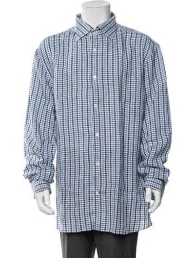 Pre-owned Robert Talbott Linen Plaid Print Dress Shirt W/ Tags In Blue