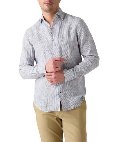 Robert Talbott Morgan Medium Stripe Linen Shirt In Blue