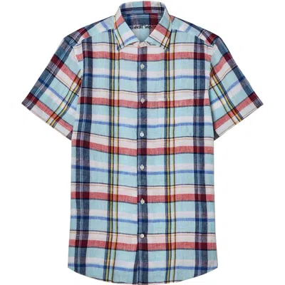 Robert Talbott Morgan Plaid Linen Short Sleeve Shirt In Aqua Multi