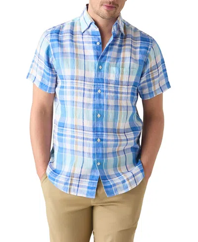 Robert Talbott Morgan Plaid Linen Short Sleeve Shirt In Blue