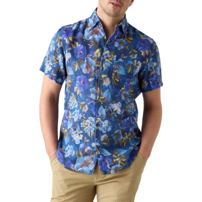 Robert Talbott Morgan Printed Floral Linen Short Sleeve Shirt In Blue