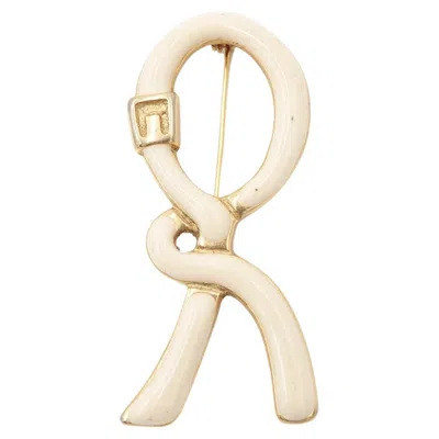 Pre-owned Roberta Di Camerino 1980's Cream & Gold Enamel Ribbon “r” Logo Brooch In White