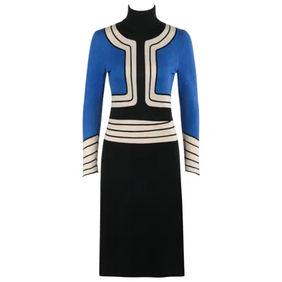 Pre-owned Roberta Di Camerino C.1960s Blue Black Stretch Knit Geometric Turtleneck Dress