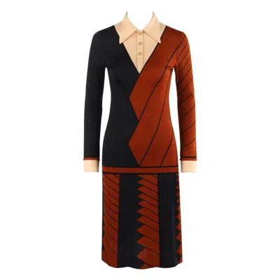 Pre-owned Roberta Di Camerino C.1970s Wool Pattern Collar Knee-length Long Sleeve Dress In Brown