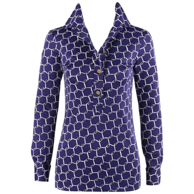 Pre-owned Roberta Di Camerino C.1979 Navy Blue White Signature Belt Print 1/2 Button Shirt