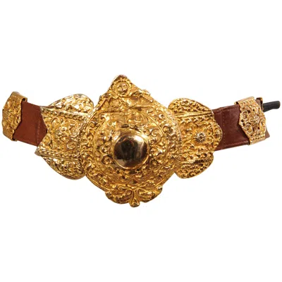 Pre-owned Roberta Di Camerino For Saks Brown Leather Belt Golden Buckle And Slides