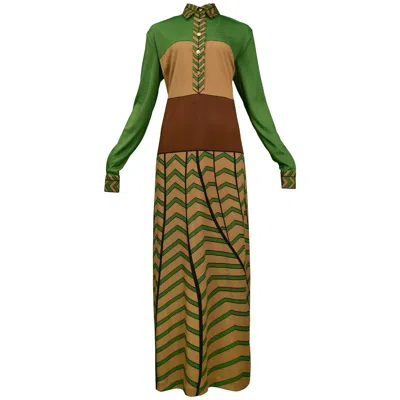 Pre-owned Roberta Di Camerino Tan Brown & Green Zig Zag Maxi Dress