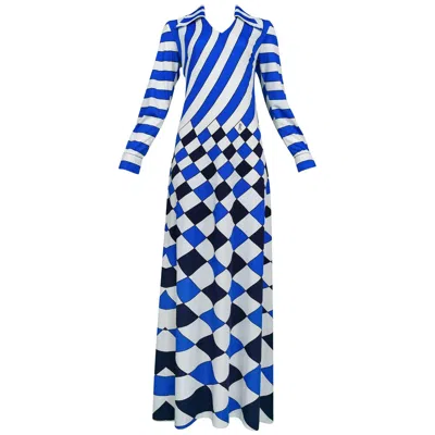 Pre-owned Roberta Di Camerino Trompe Blue, White, & Black Check Maxi Dress