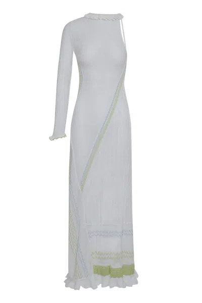 Roberta Einer One Shoulder Maxi Dress Sheer Ruffle Hem In Gray