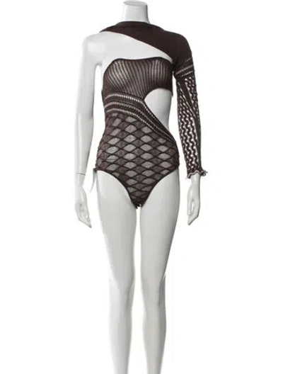 Pre-owned Roberta Einer Patterned Asymmetrical Bodysuit In Brown