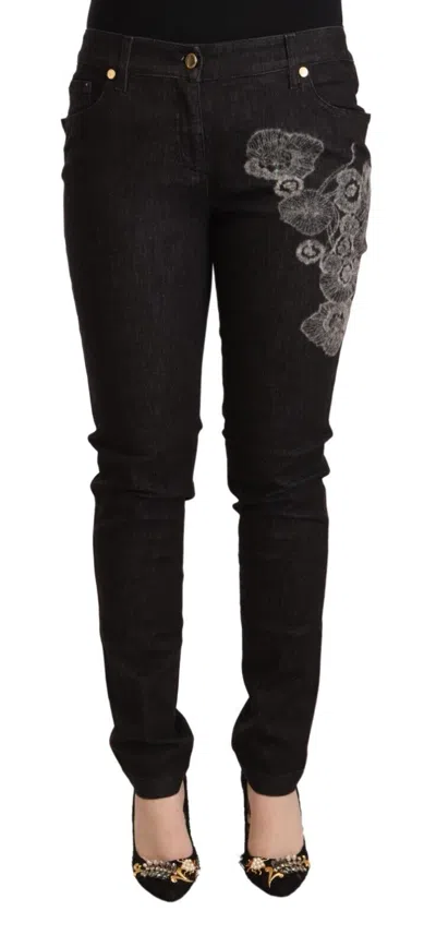 Pre-owned Roberta Scarpa Jeans Black Embroidered Mid Waist Skinny Women Denim It44/us10/l