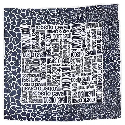 Pre-owned Roberto Cavalli 2000s Black And White Logo + Giraffe Animal Print Silk Scarf Y2k