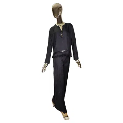 Pre-owned Roberto Cavalli 2000s Black Distressed Silk Blouse And Pants Set