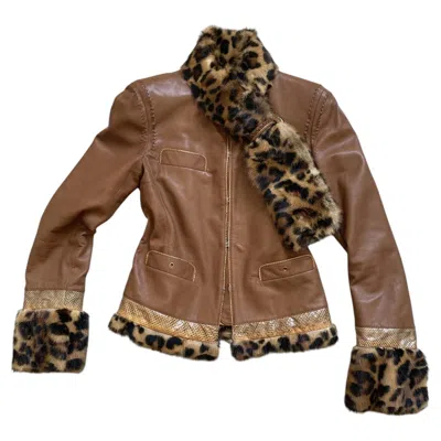 Pre-owned Roberto Cavalli 2000s Leather Jacket / Leopard-print Fur In Brown