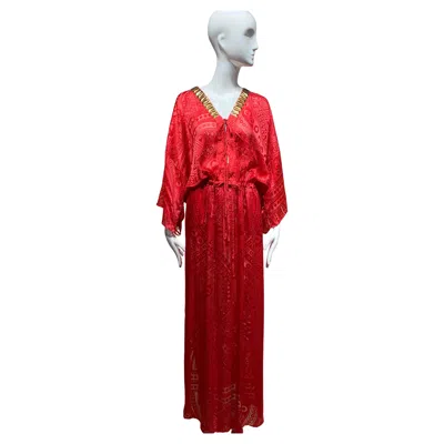 Pre-owned Roberto Cavalli 2000s Red Silk V-neck Kaftan With Gold Studs, Size 38
