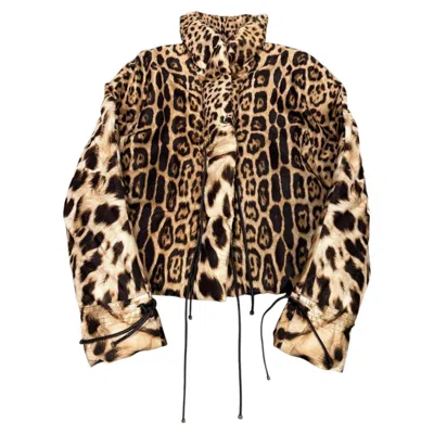 Pre-owned Roberto Cavalli 2000s  Leopard Print Silk Puffer Jacket With Leather Straps In Sand