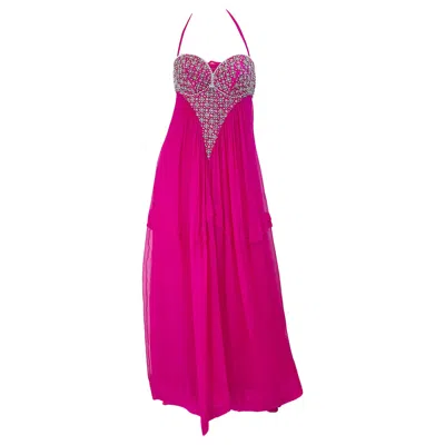 Pre-owned Roberto Cavalli 2000s  Size 44 / Us 8 Hot Pink Chiffon Beaded Rhinestone Y2k Gown
