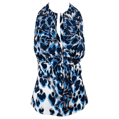 Pre-owned Roberto Cavalli 2000s Size 44 / Us 8 Blue Leopard Silk Sleeveless Ruffle Blouse