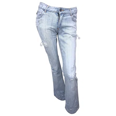 Pre-owned Roberto Cavalli 2000s Sz 24 Rhinestone Skulls Stonewash Bootcut Blue Jeans Denim
