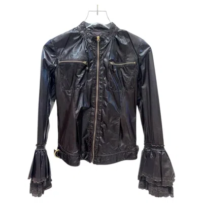 Pre-owned Roberto Cavalli 2000s Vintage Leather Jacket It 38 With Tiered Sleeves In Black