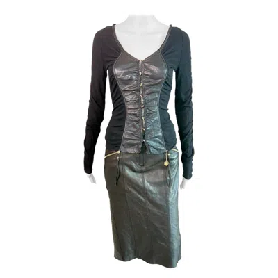 Pre-owned Roberto Cavalli 2003 Black Leather Sweater Top & Skirt 2 Piece Set Ensemble