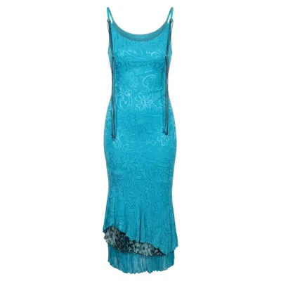 Pre-owned Roberto Cavalli 2003 Class  Turquoise Backless Dress - Leopard Lining & Turquoise In Blue