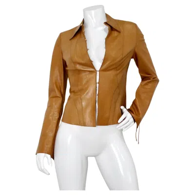 Pre-owned Roberto Cavalli 2003  Brown Leather Jacket With Hand-painted Butterfly Motif