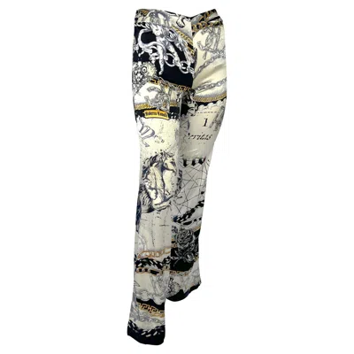 Pre-owned Roberto Cavalli 2003  White Astrology Print Stretch Silk Satin Logo Pants