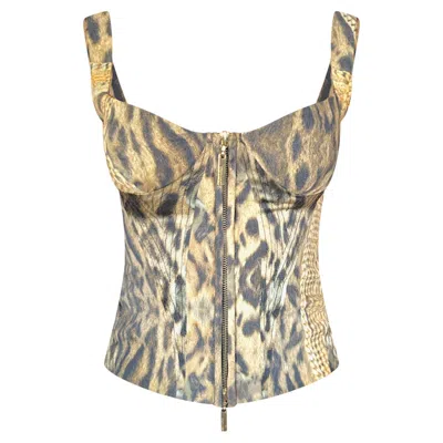 Pre-owned Roberto Cavalli 2003 Silk Laced Animal Print Corset In Brown