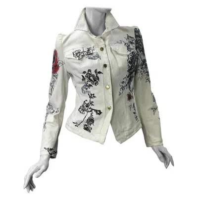 Pre-owned Roberto Cavalli 2003 Vintage  Tattoo Printed White Denim Jacket Size M