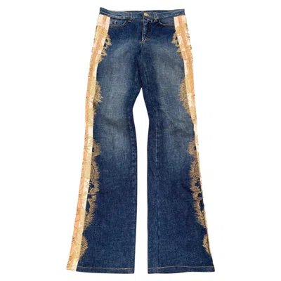 Pre-owned Roberto Cavalli 2004  Flared Denim Jeans With Ornate Side Detailing In Purple