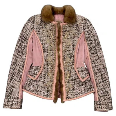 Pre-owned Roberto Cavalli 2004  Tweed Leather Fur Trim Jacket In Brown