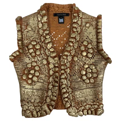 Pre-owned Roberto Cavalli 2006 Cropped Vest Gold Lacquered Knit In Brown