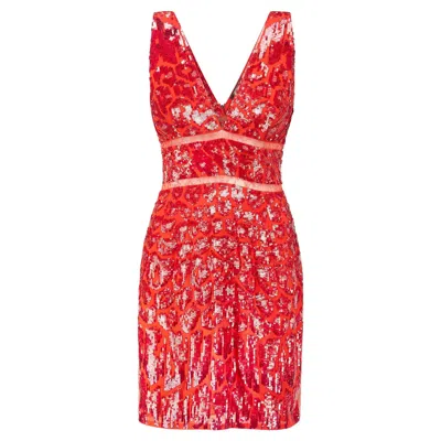 Pre-owned Roberto Cavalli 2014  Flame Red Sequin Mini Dress With Lace Inserts