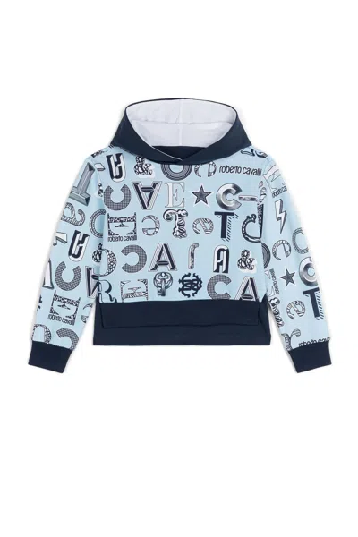 Roberto Cavalli Kids' Abstract Logo-print Hoodie In Light Blue