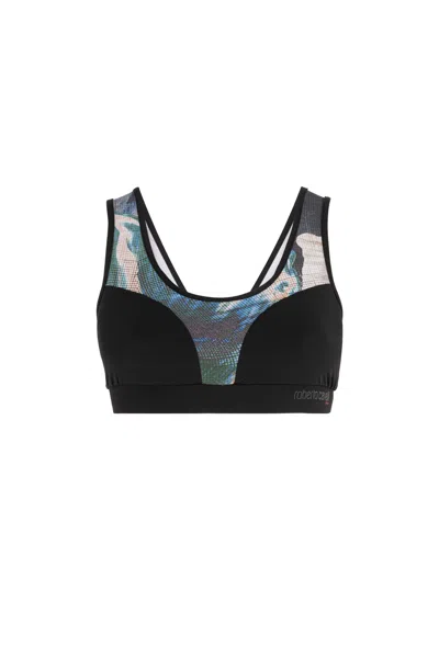 Roberto Cavalli Abstract-print Logo Crop Top In Blue/yellow/rust