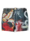 Roberto Cavalli Denim Shorts With Roses And Snakes In Blue