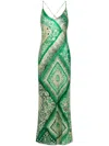 Roberto Cavalli Abstract-print Slip Silk Dress In Green