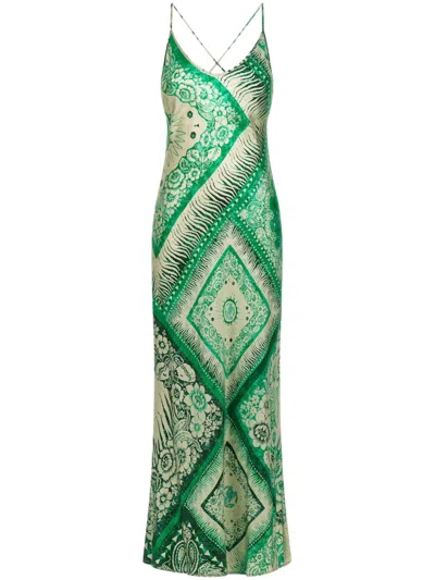 Roberto Cavalli Abstract-print Slip Silk Dress In Green